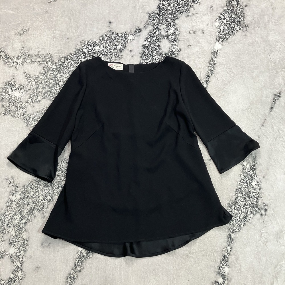 Maison Common Womens US 14 Black Tunic Blouse Bell Sleeve Satin Trim High Low